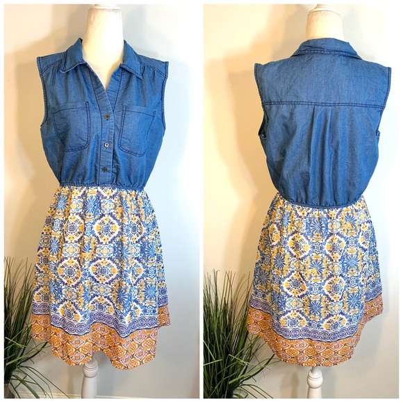 Speed Control Dresses & Skirts - Speed Control sleeveless denim top w/ flowy peasant boho pattern bottom dress